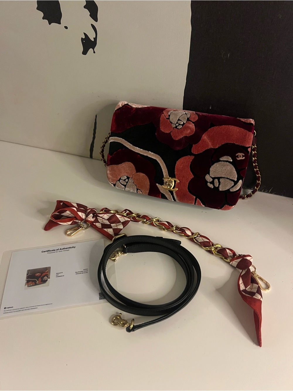 CHANEL Floral Velvet Chain Crossbody in Burgundy, Pink and Black